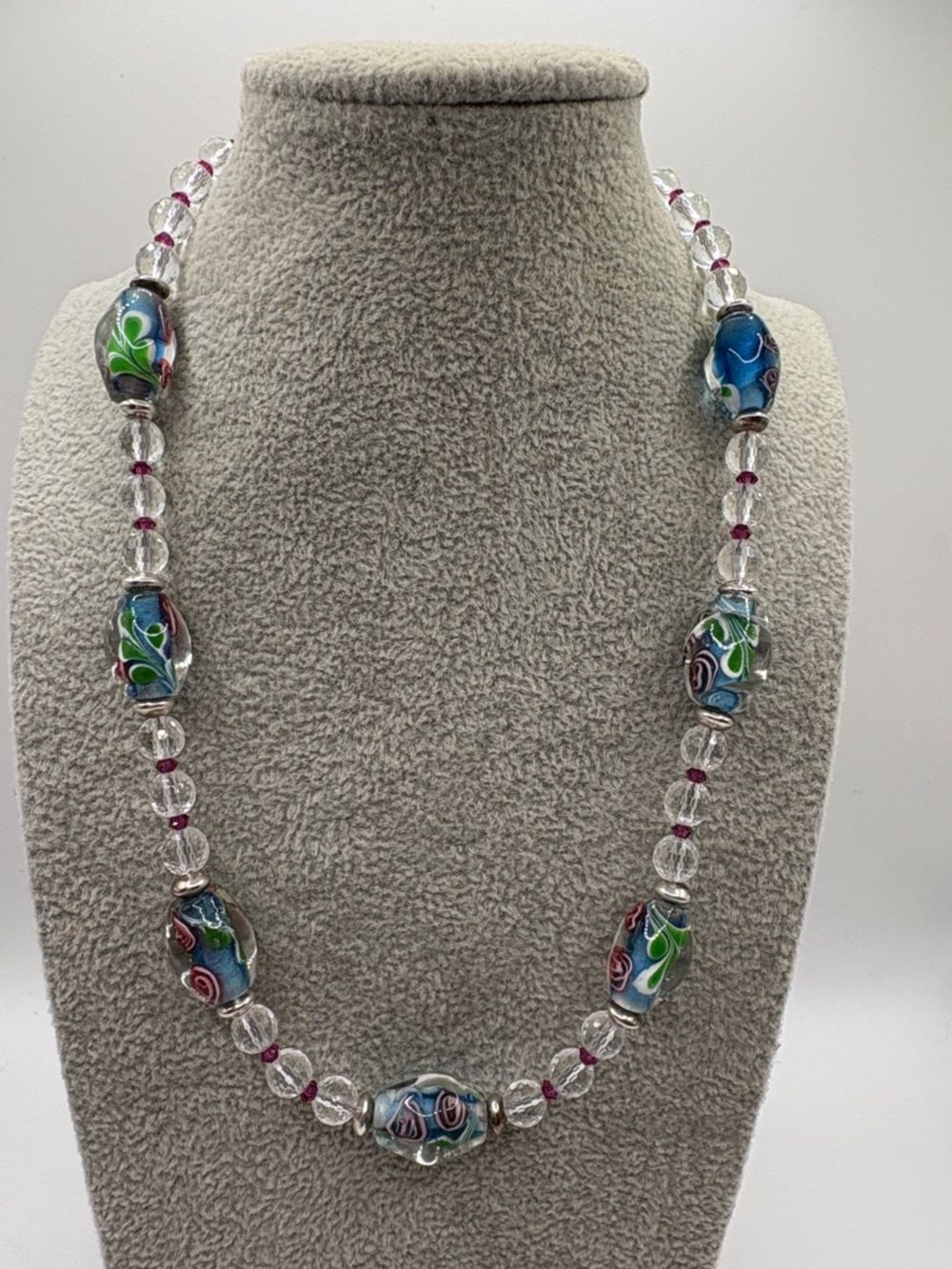 Vintage Venetian Glass Floral Lamp Work 925 Sterling Silver Necklace